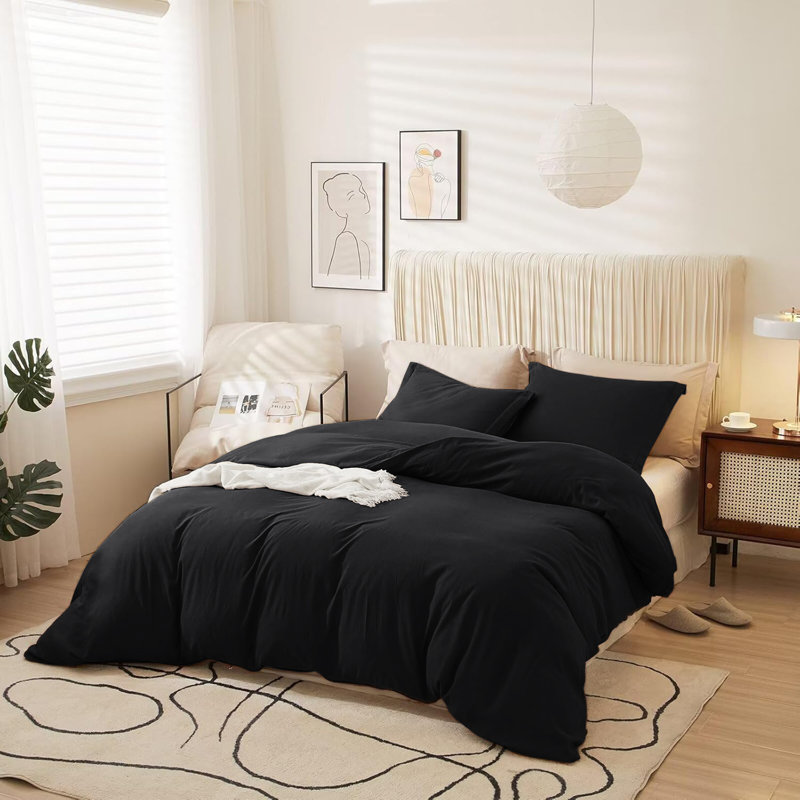 Ultra Soft 3-Piece Dyed Duvet Cover Set With Pillowcases, Black, Super King Duvet Cover + 2 Standard Pillowcases