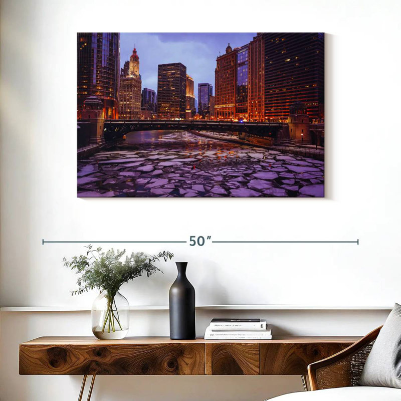 Paysage urbain de la rivière gelée Harpa Chicago, H 26 po x l 39 po