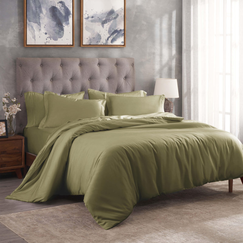 Ensemble de housse de couette unie en mélange de coton égyptien 300 fils avec taies décoratives, Sauge