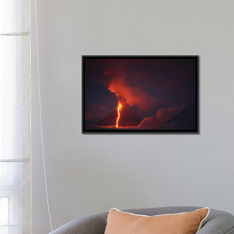 " Nighttime Eruption Of Kliuchevskoi Volcano, Russia III " by Richard Roscoe, 18" H x 26" W x 1.5" D, Black Framed Canvas