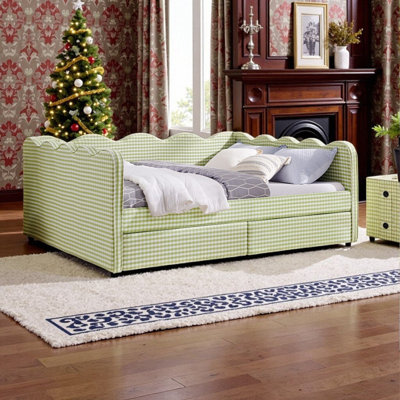 Quies Full\Queen Size Daybed With Storage Drawers, USB Port, Wave Design Linen Fabric Bed