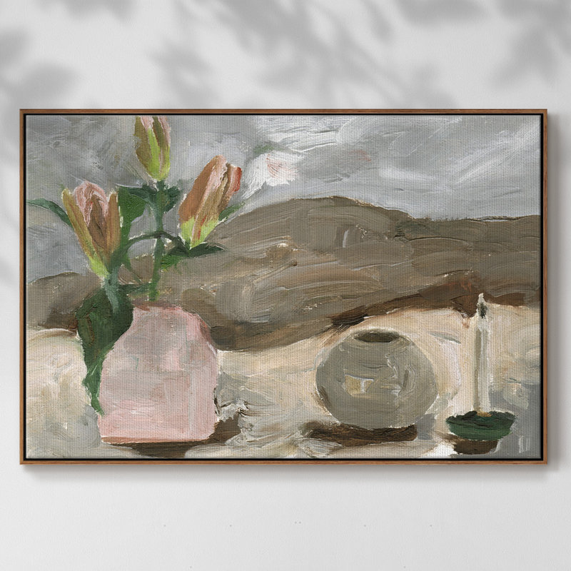 Vase de fleurs roses en V - imprimé, H 27 po x l 41 po x P 2 po, Toile encadrée noyer flottant