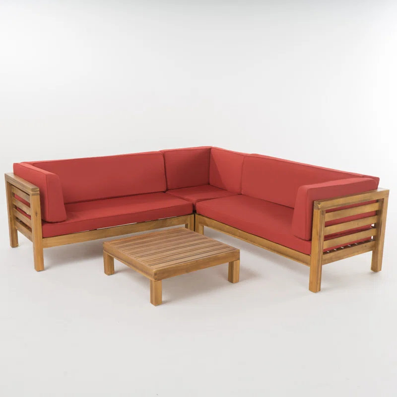 Ensemble modulaire d'extérieur en bois en forme de L avec coussins résistants à l'eau et conception à lattes, Red