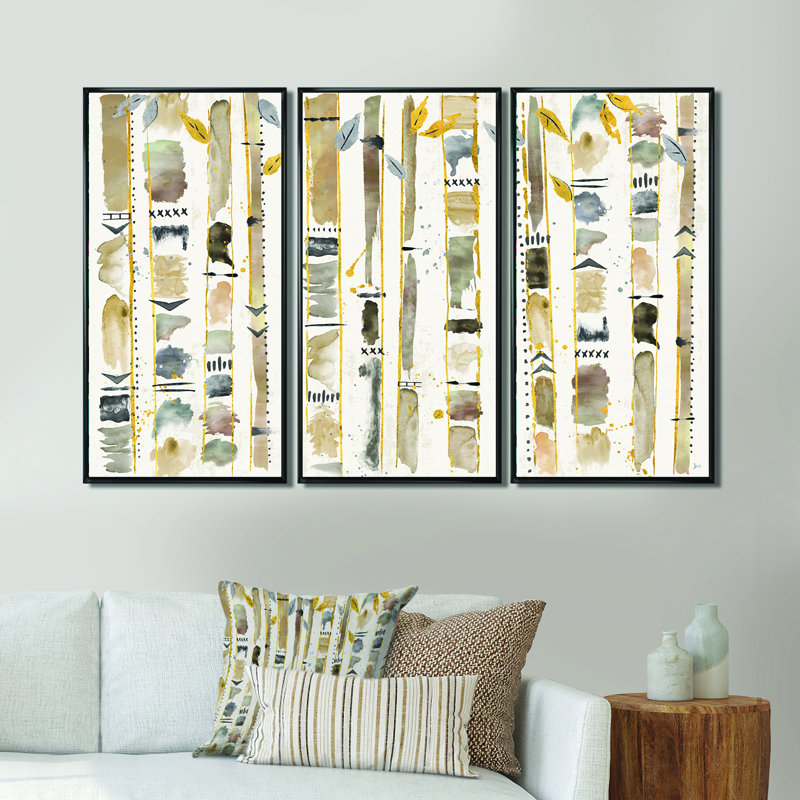 «Abstract Gold Birch Trees I», peinture sur toile 3 pièces, Noir, H 28 po x l 36 po
