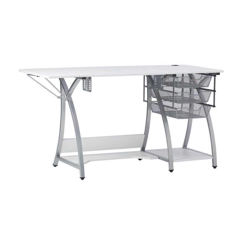 Silver and White Foldable Sewing Table with Mesh Drawers