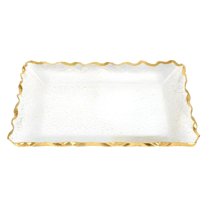 Is-Haaq Bubble Glass Scalloped Gold Rim Rectangular Platter Or Tray