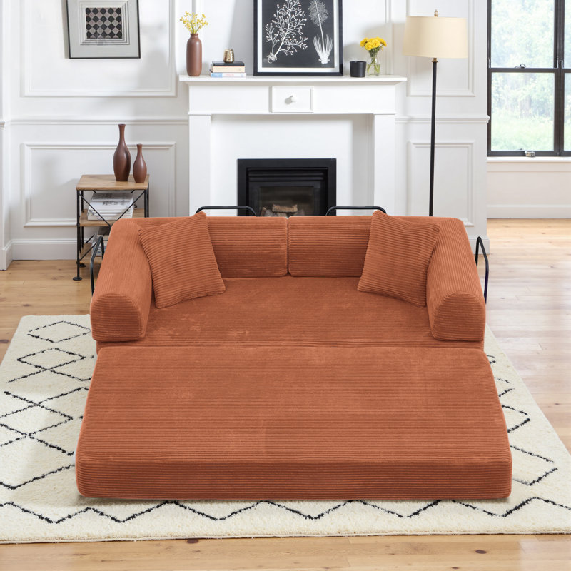 63" Boneless Corduroy Sleeper Sofa Bed, Modular Futon Couch, Compression Foam Sofa with 2 Pillows, No Assembly Required