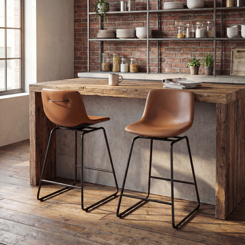 Modern Leather Swivel Counter Stool With Low Back Sled Base Footrest, Brown