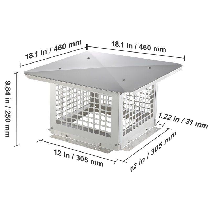Stainless Steel Square Chimney Cap with Mesh Cover, 12" x 12"