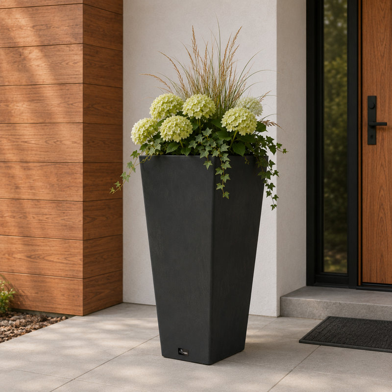 Valencia 10.5"x24"H Square Planter with Water Tray, Black