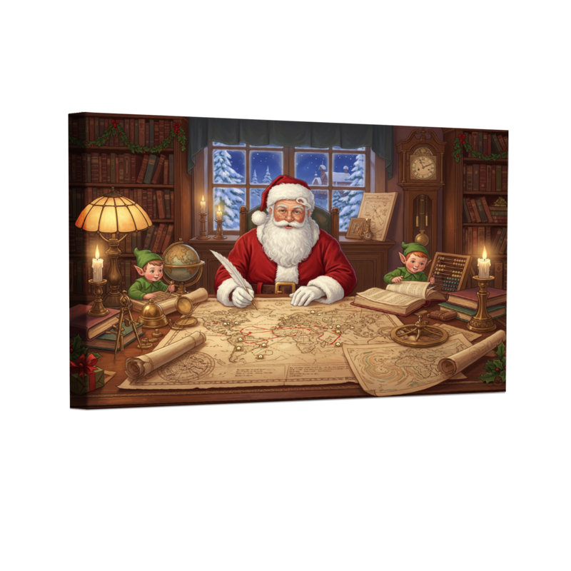 Ensemble de 3 impressions sur toile de Noël, père Noël à l'atelier avec elfes, H 12 po x l 18 po
