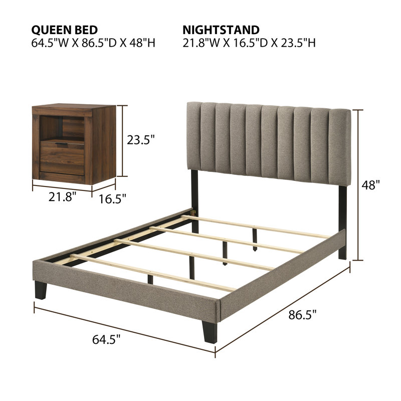 3-Pieces Bedroom Sets, Upholstered Bed Frame And Two Nightstands (Set Of 3), Walnut, Queen