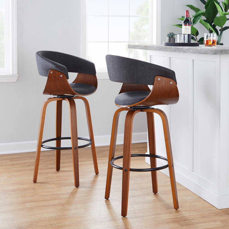 Archaimbaud Swivel Upholstered Counter Stool, Walnut Wood/Black, Cream, Bar Stool (29” Seat Height)