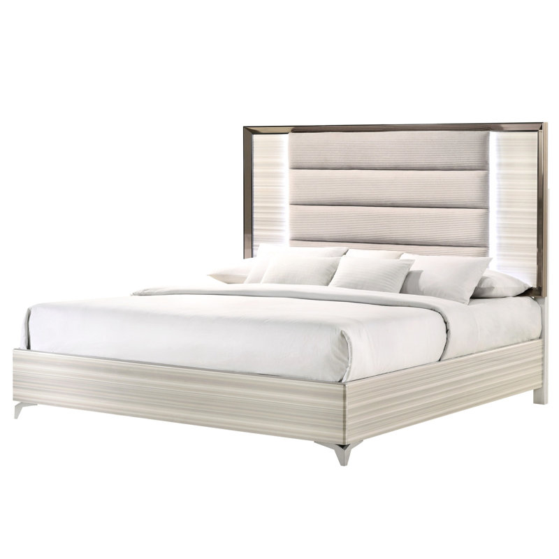Très grand lit King Star blanc en bois massif et tête de lit tapissier élégante à 4 pieds et 14 lattes