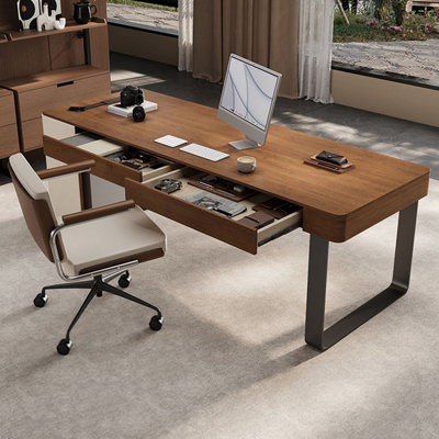 Nut-Brown Rectangular Solid Wood Executive Desk With Drawers Desk