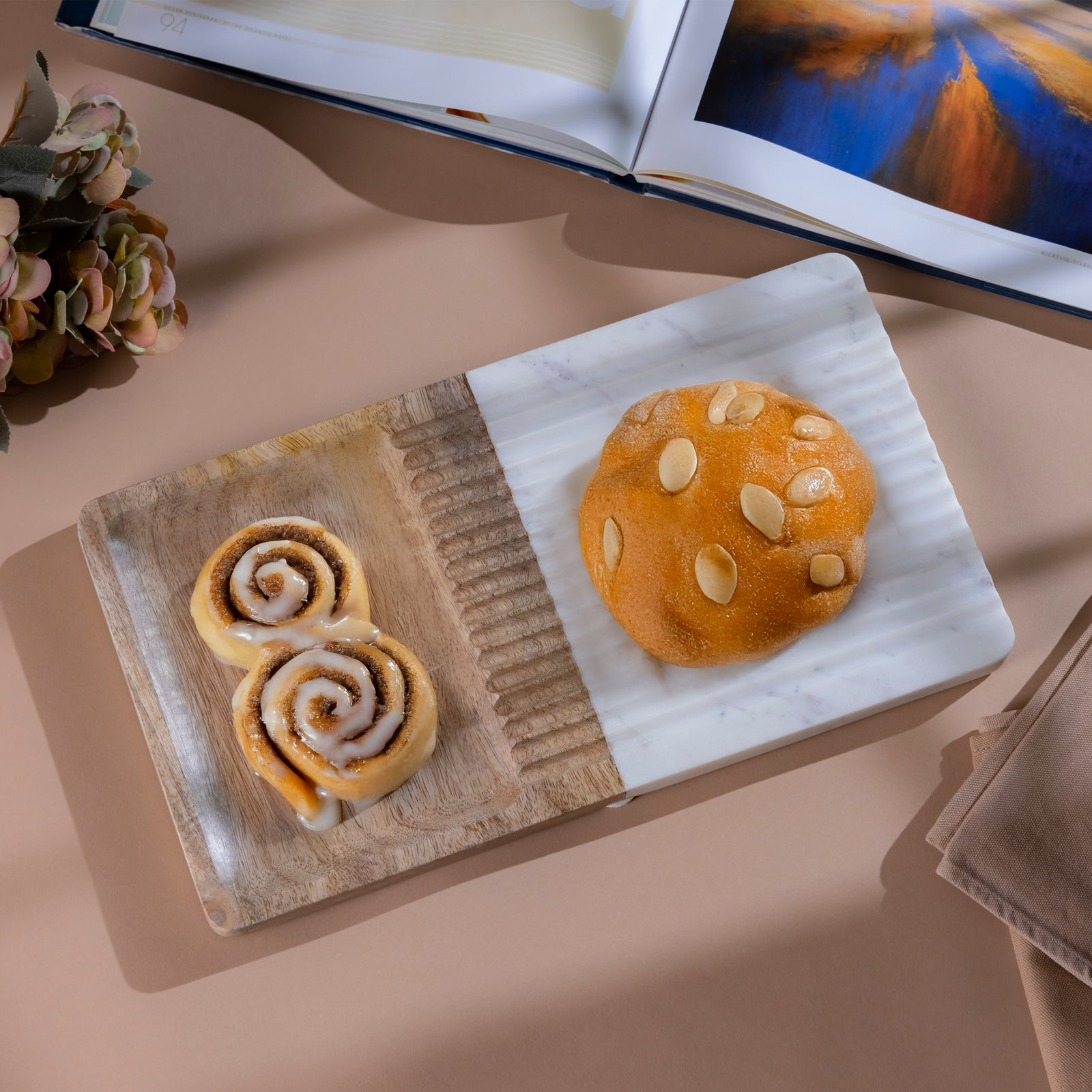 Wood & White Marble Grooved Platter