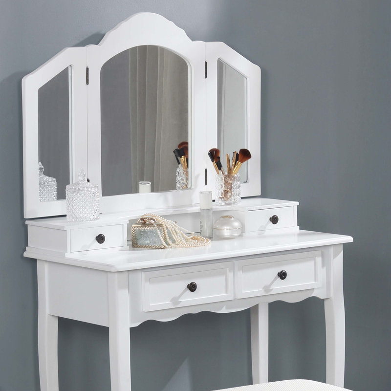 Ensemble coiffeuse et tabouret en bois Sanlo, Blanc