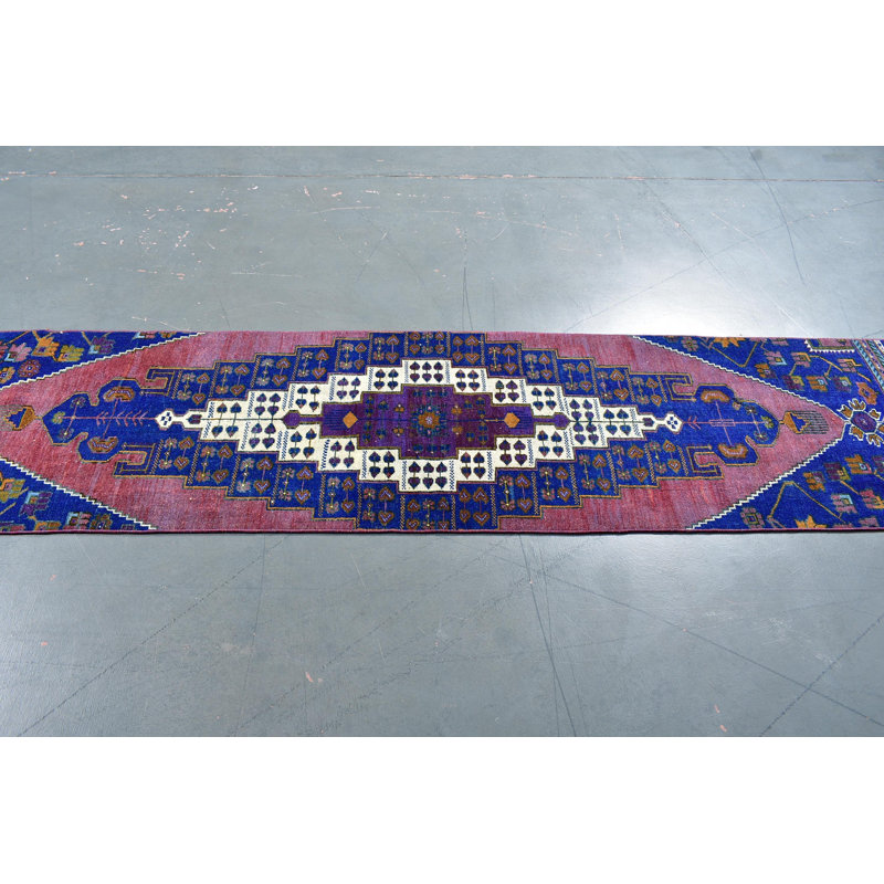 Tapis turc bleu à motif oriental antique, idéal pour les couloirs et lavable en douceur