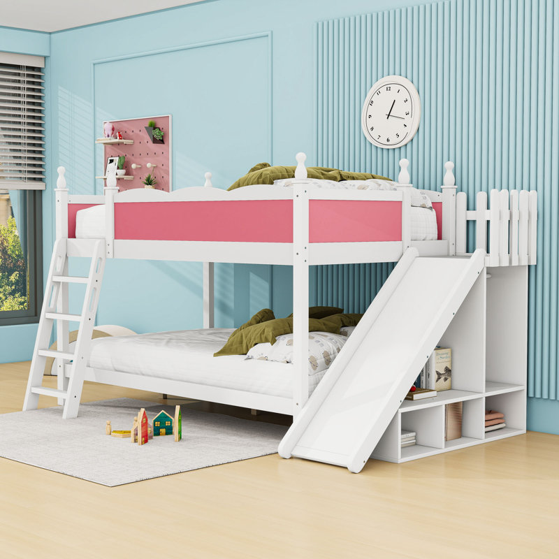 Lit superposé double avec glissière et échelle, tablettes de rangement intégrées, Pink White