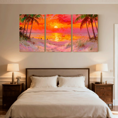 beach Tropical Sunset Beach Palm Trees Canvas Art Set of 3 Canvas Wall Art Prints