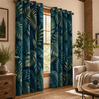 2Pcs Tropical Leaf Print Sun Blocking Curtains, Exotic Botanical Pattern, Modern Lush Forest Aesthetic Ring Top, Living Room Bedroom Window Treatments for Home Dector