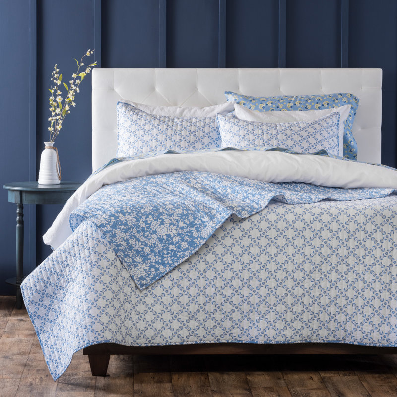 Ensemble de courtepointe réversible standard en coton 200 fils 3 pièces, Bleu, Très grand