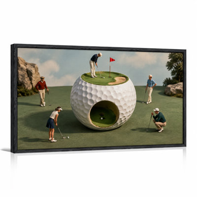 Miniature Golfers on Giant White Golf Ball Canvas Wall Art