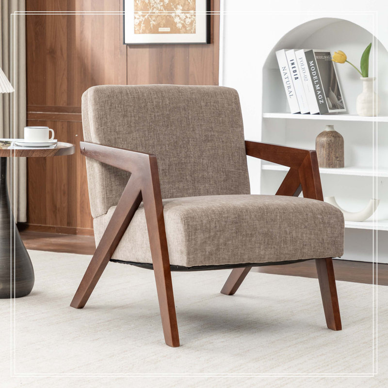 Fauteuil d'appoint Mid-Century moderne avec structure en bois, fauteuil de lecture rembourré avec tissu en lin doux, fauteuil d'appoint pour le salon, la chambre à coucher, facile à assembler