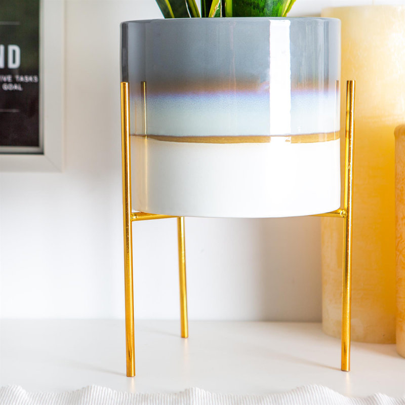 Nicola Spring - Reactive Glaze Plant Pot on Stand - 19cm, Grey/Gold