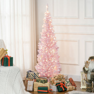 5' Tall Pre-Lit Slim Noble Fir Artificial Christmas Tree With 160 Warm White LED Lights And 294 Tips, For Christmas Decoration, Pink With Snow-Flocked