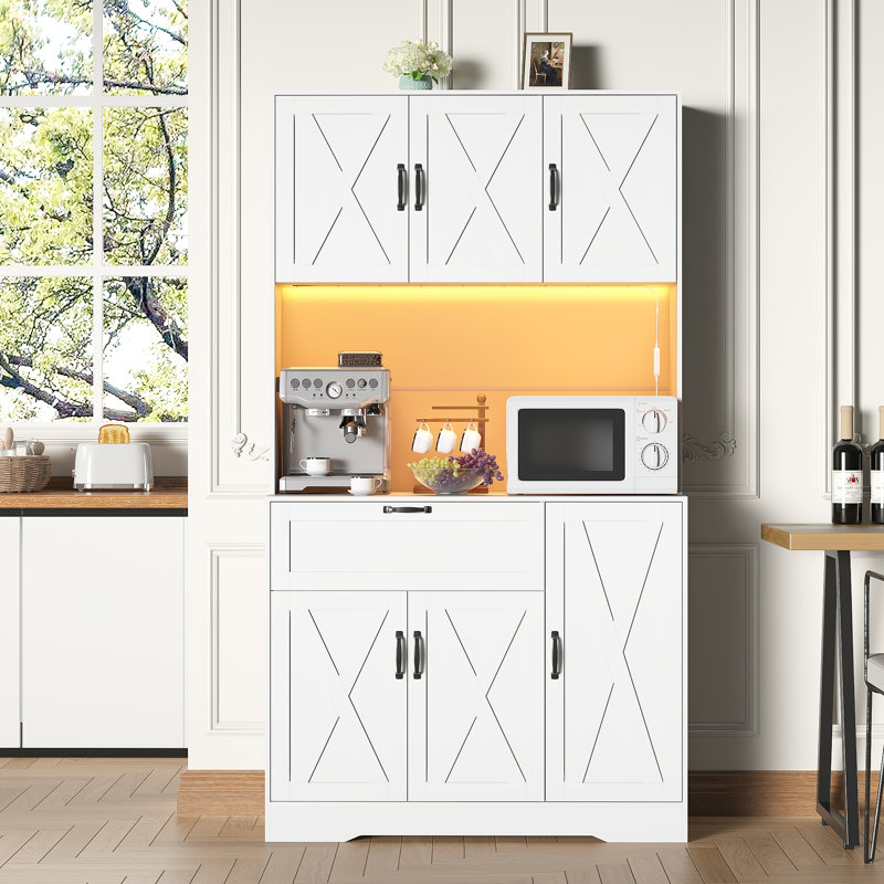Armoire de cuisine 71 po avec support à micro-ondes, huche de cuisine moderne avec tiroir, tablettes réglables, lumière DEL et prises de courant pour la cuisine, la salle à manger et le salon