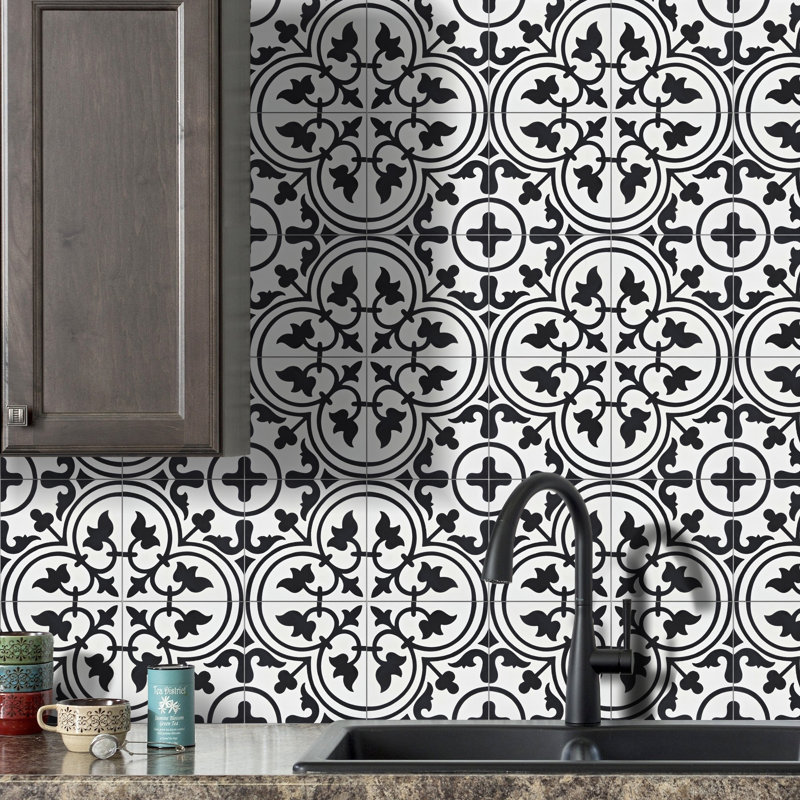 Casa 8" x 8" Cement Patterned Wall & Floor Tile, White/Black