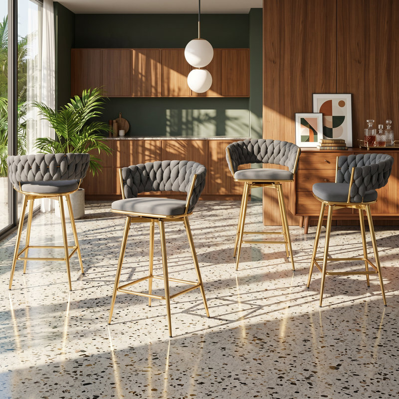 Sunny 20.4" W x 15" D x 34.6" H 360-Degree Swivel Cotton-Linen 4-Piece Bar Stool Set
