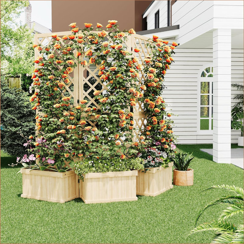 Wooden Garden Privacy Screen With Planter Box - 62"x10"x65" Freestanding Outdoor Fence Panel, 3 Hinged Sections W/drain Holes, Raised Bed Kit For Patio, Deck, Backyard - Cedar Wood