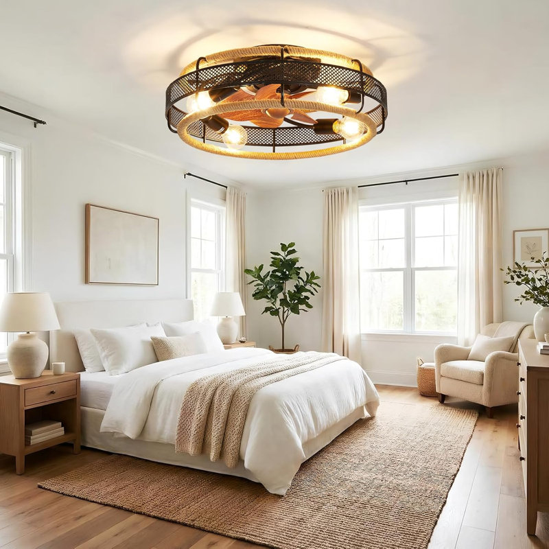 20 in Caged Flush Mount Ceiling Fan with Light and Remote, 6-Speed Reversible Farmhouse Bladeless Fan for Bedroom Kitchen