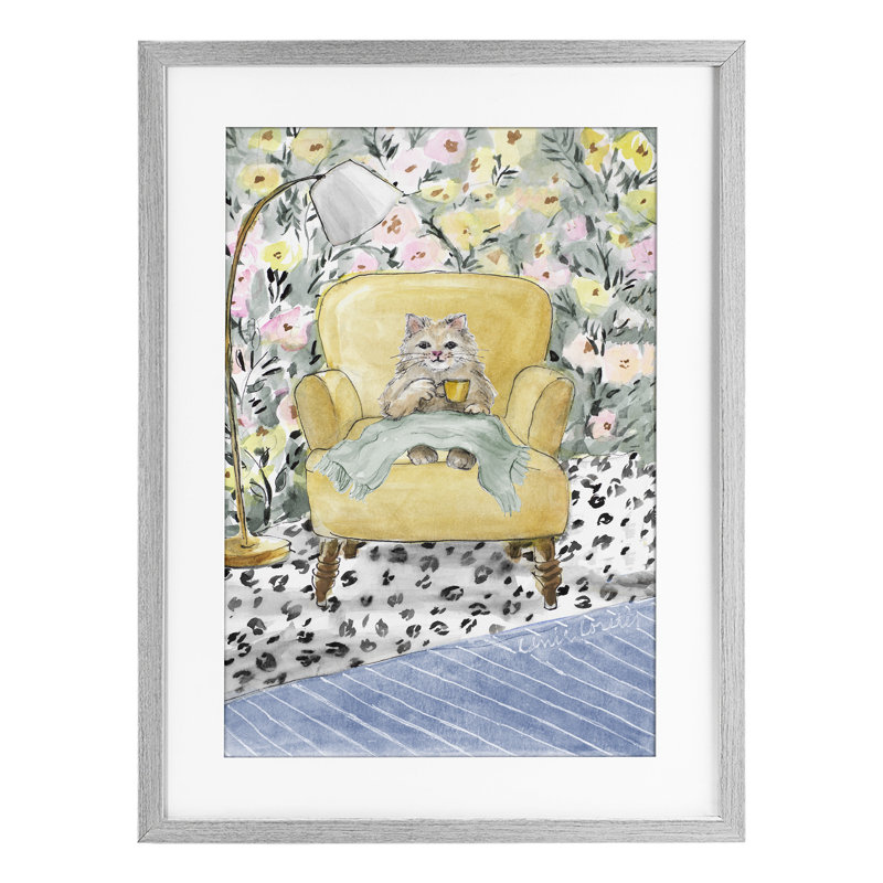 Cozy Cat Relaxing, reproduction encadrée sous verre, design par Lanie Loreth, Cadre de ferme gris, H 23 po x l 17 po