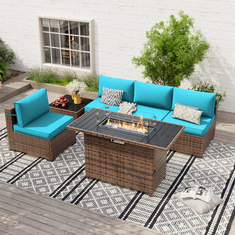 Ensemble de conversation pour 4 personnes Rikuto avec coussins de dossier, table de foyer et table basse, Bleu ciel