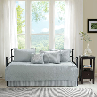 Housse de lit de jour grise - Ensemble réversible de 6 pièces pour matelas simples, comprend 1 housse, 3 taies décoratives et un coussin décoratif en coton remplissant un matelas 6 places confortable