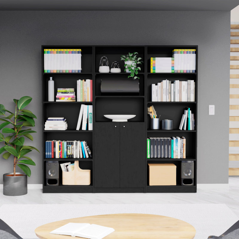 Charlotte Manufactured Wood Bookcase with Cabinets and Open Shelves, Large Storage Bookshelf for Living Room and Office – Black