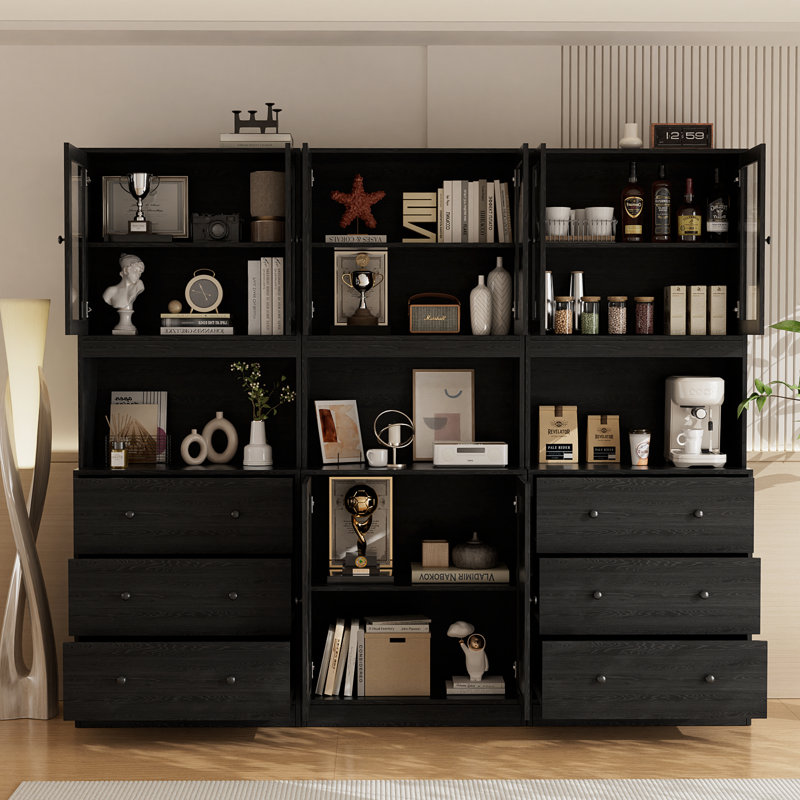 Armoire de rangement de cuisine avec portes en verre (l 94,5 po x H 71 po x P 17,7 po), Noir