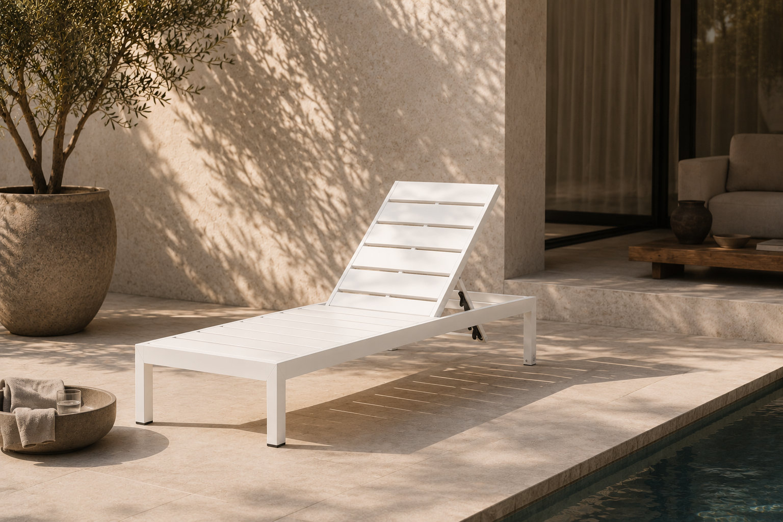 Aynura 26" Patio Chaise Lounge,  White Frame/White Seat