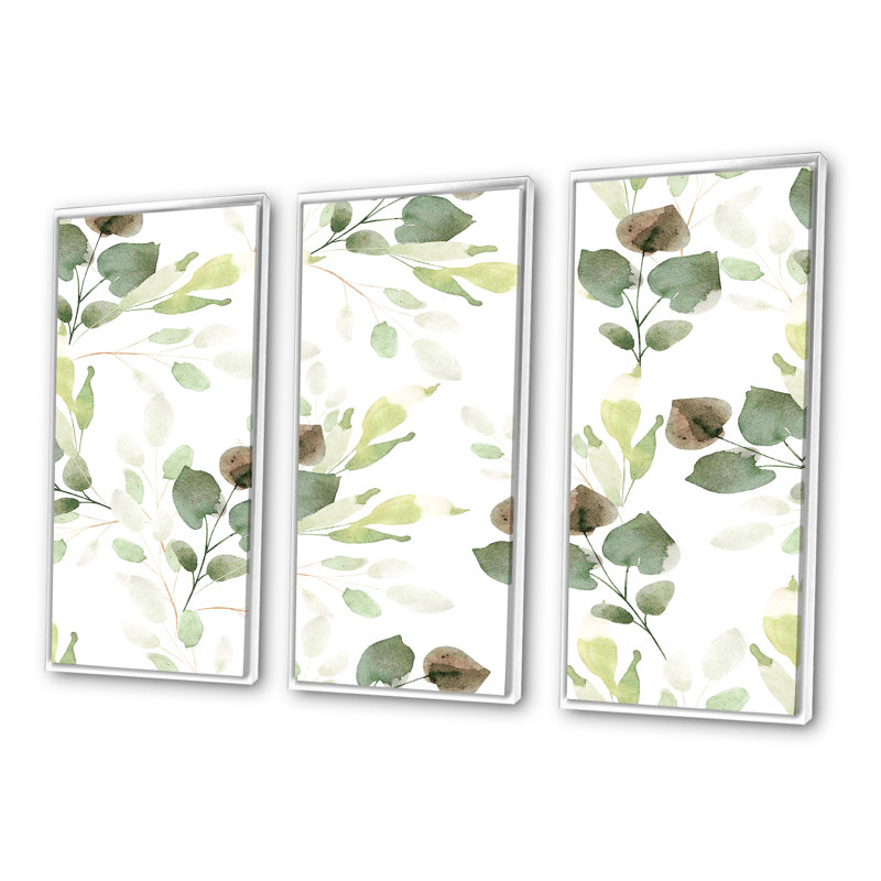 Feuilles vertes sur fond blanc - ensemble de 3 toiles encadrées, Cadre blanc, H 32 po x l 48 po x P 1 po