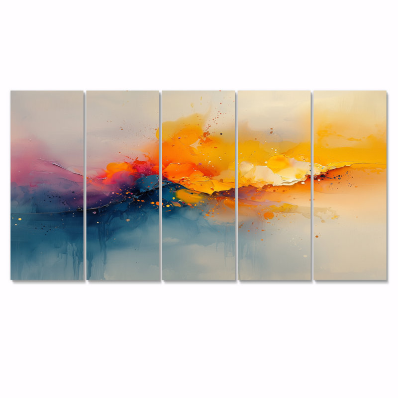 «Dream Yellow Blue Coastal Waves Turbulence I» - art mural, ensemble d'art mural moderne, H 28 po x l 60 po, 5
