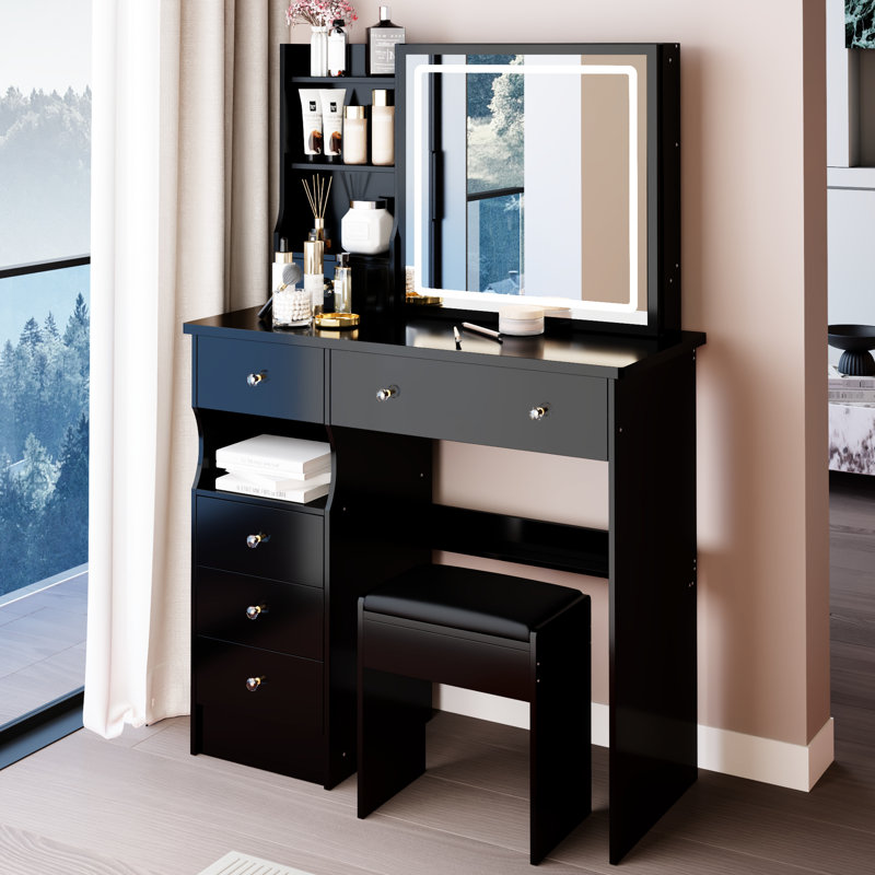 Ensemble de meuble-lavabo de 37 po avec tiroir à gauche et commode tabouret de taille moyenne 37 po, 2 prises CA + 2 prises USB, support pour sèche-cheveux, grand miroir coulissant à DEL à commande tactile, interrupteur 3 couleurs