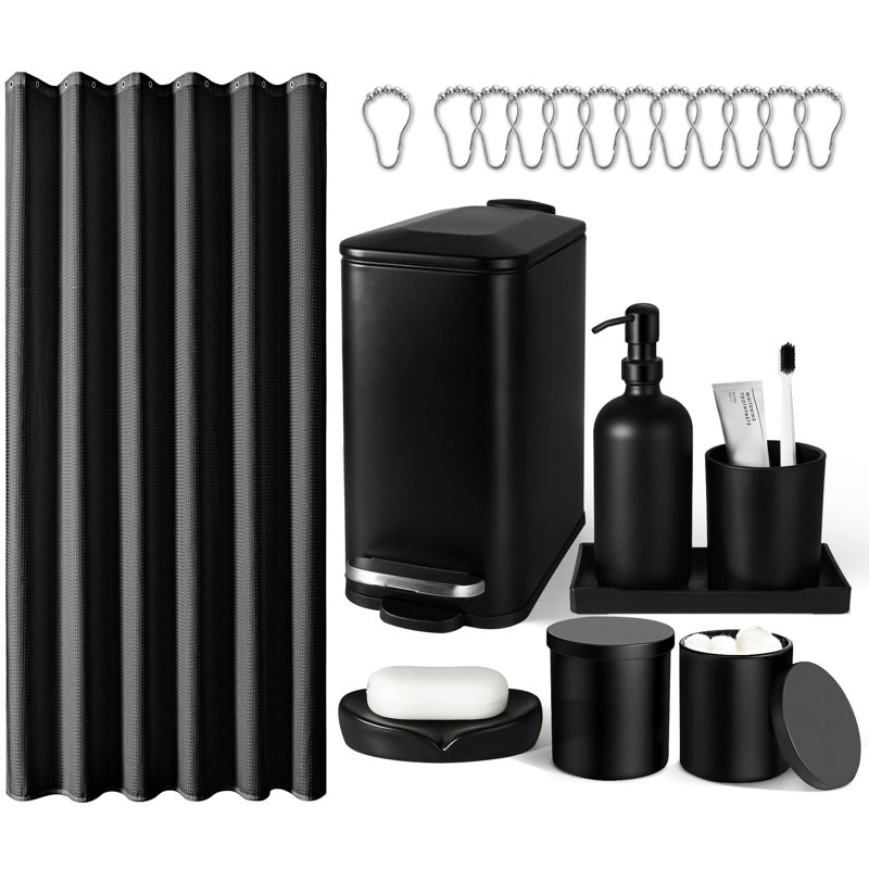 Ensemble de salle de bain, 20 ensembles de rideau de douche avec crochets, ensemble de rideau de douche gaufré, ensemble d'accessoires de salle de bain avec poubelle, ensemble de salle de bain moderne complet