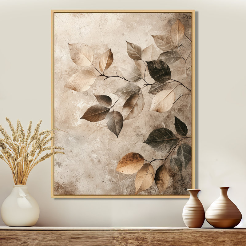Taupe feuilles mosaïque collage IV - feuilles, art mural, H 40 po x l 30 po, Impression encadrée, Crème, crème