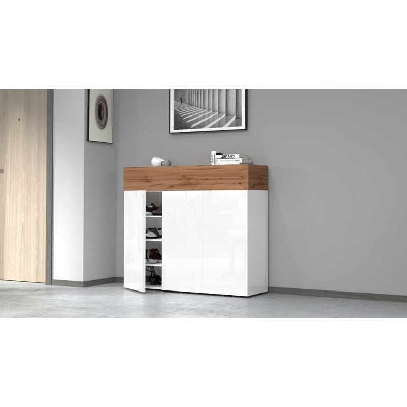 24 Pair Shoe Storage Cabinet, White/Brown Wood