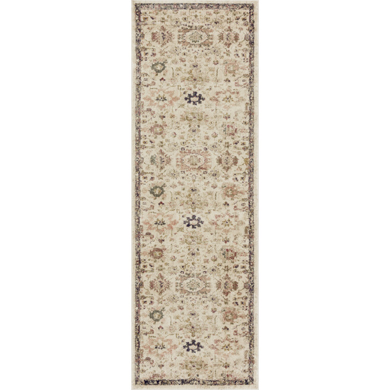 Tapis en polypropylène tissé à la machine en ivoire de style oriental féerique, Tapis de couloir 2 pi 7 po x 12 pi