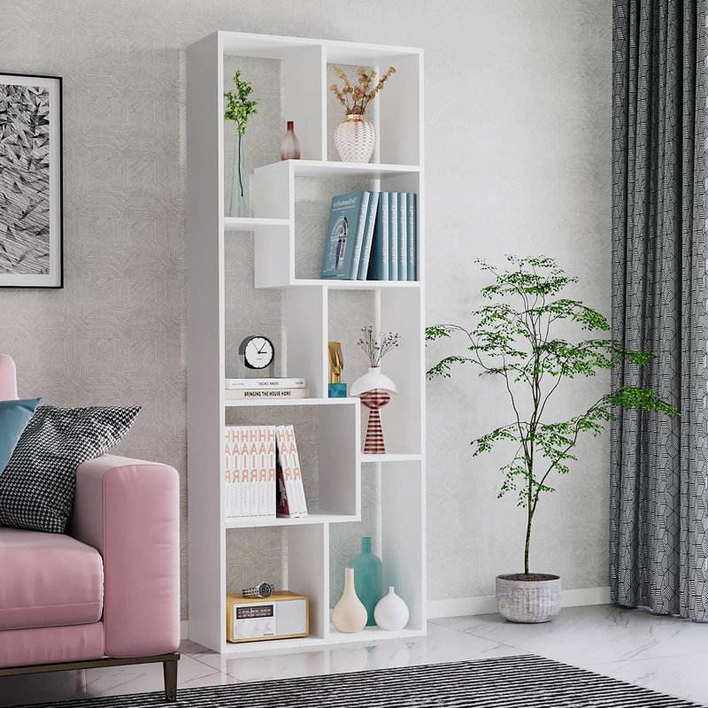 Asymmetrical Display Shelf & Bookcase, 5-Tier, White, White