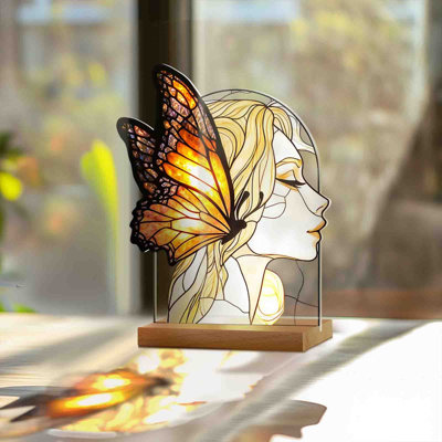 Présentoir à bracelets en bois, style vitrail, motif oiseau et fleur, ornement de bureau avec socle en bois, 15 x 21 cm, attrape-soleil en forme d'arche, décoration de table style vintage, capte la lumière du jour, décoration intérieure